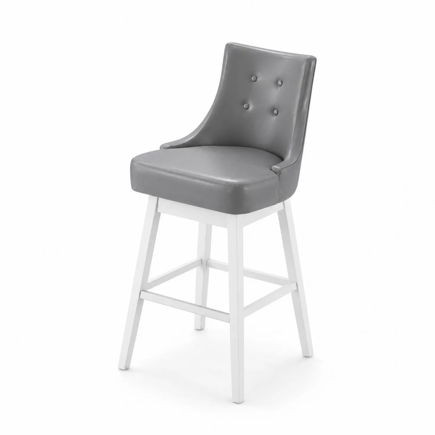Taburete de bar con respaldo de cuero sintético gris y estructura de madera blanca