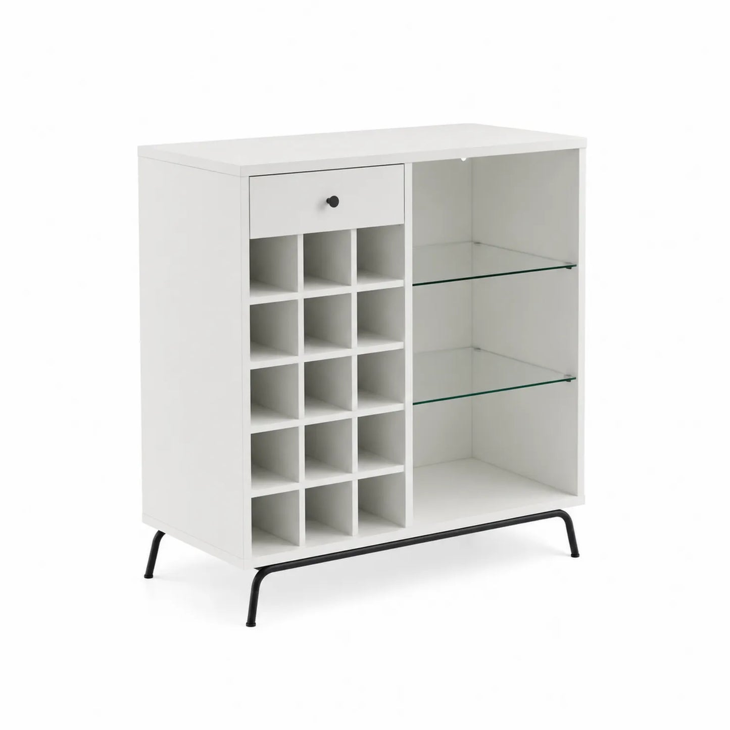 Mueble bar de madera con estantes de vidrio y compartimentos para botellas