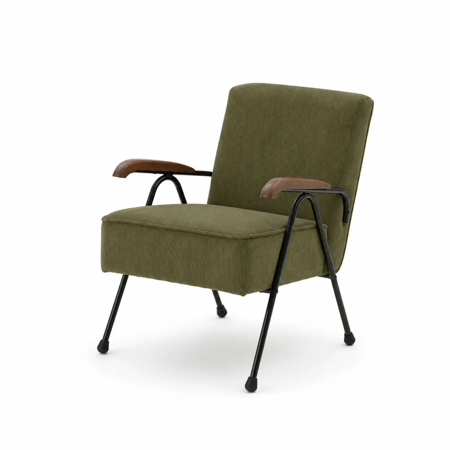 Silla de pana verde, estructura de metal y reposabrazos de madera