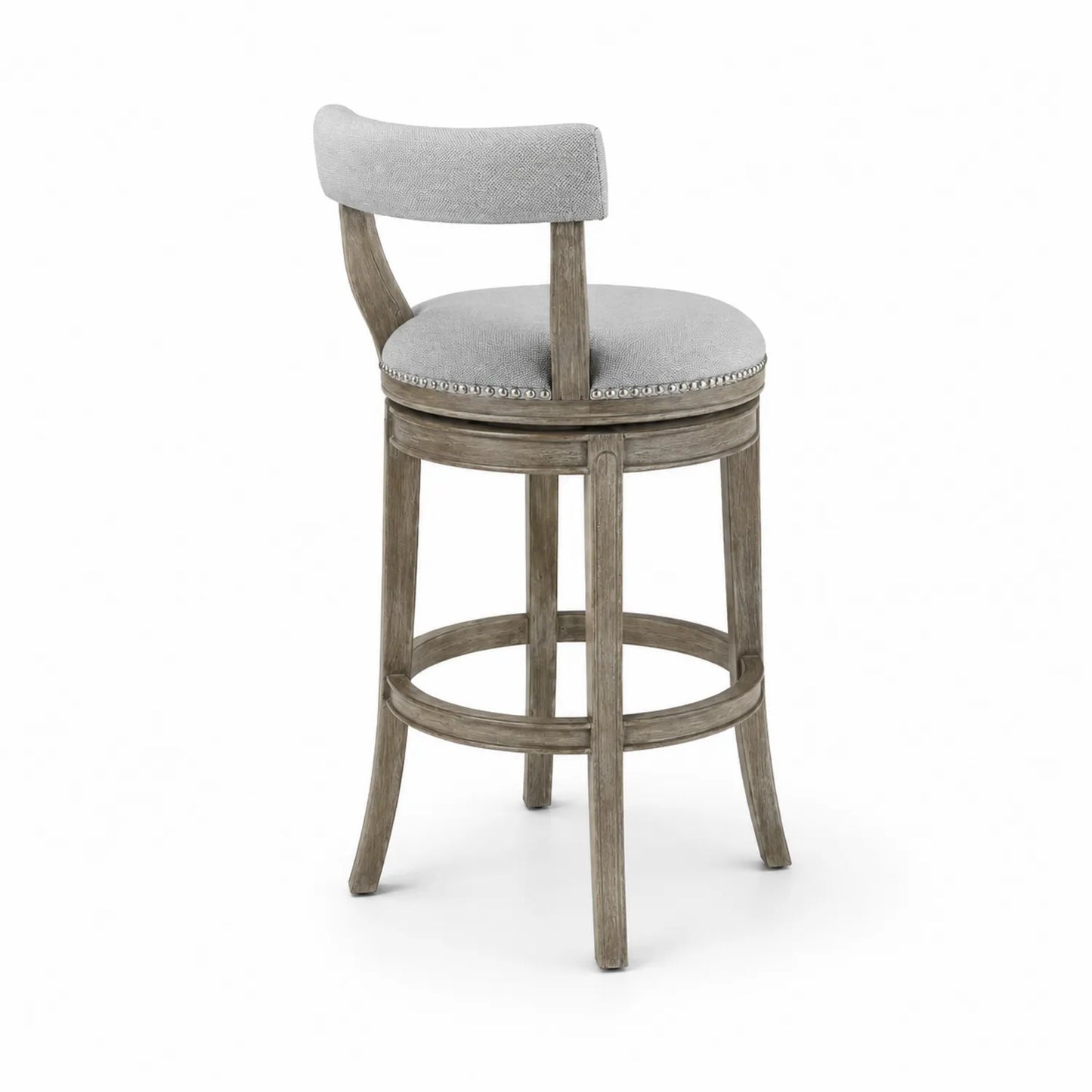 Taburete de madera con asiento giratorio tapizado en lino gris