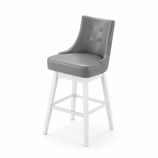 Taburete de bar con respaldo de cuero sintético gris y estructura de madera blanca