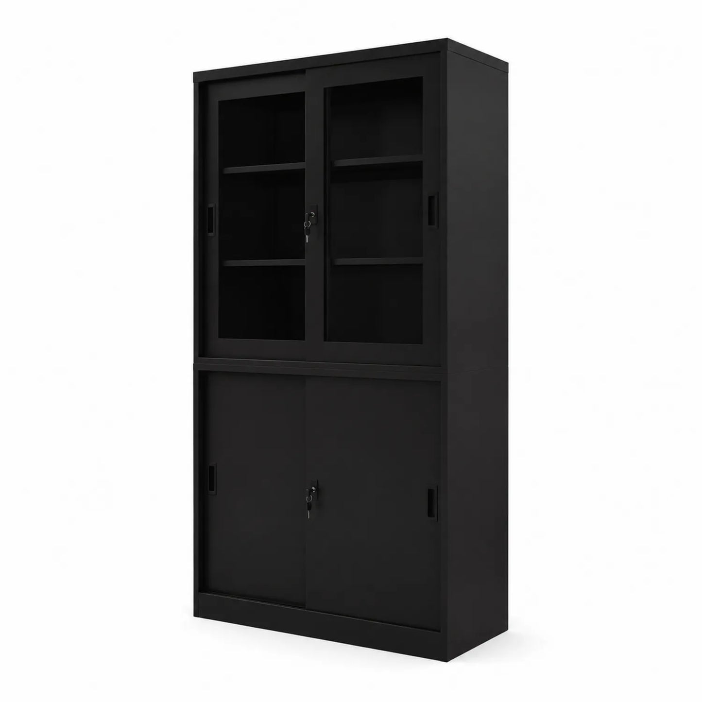Armario de metal negro con puertas de vidrio templado