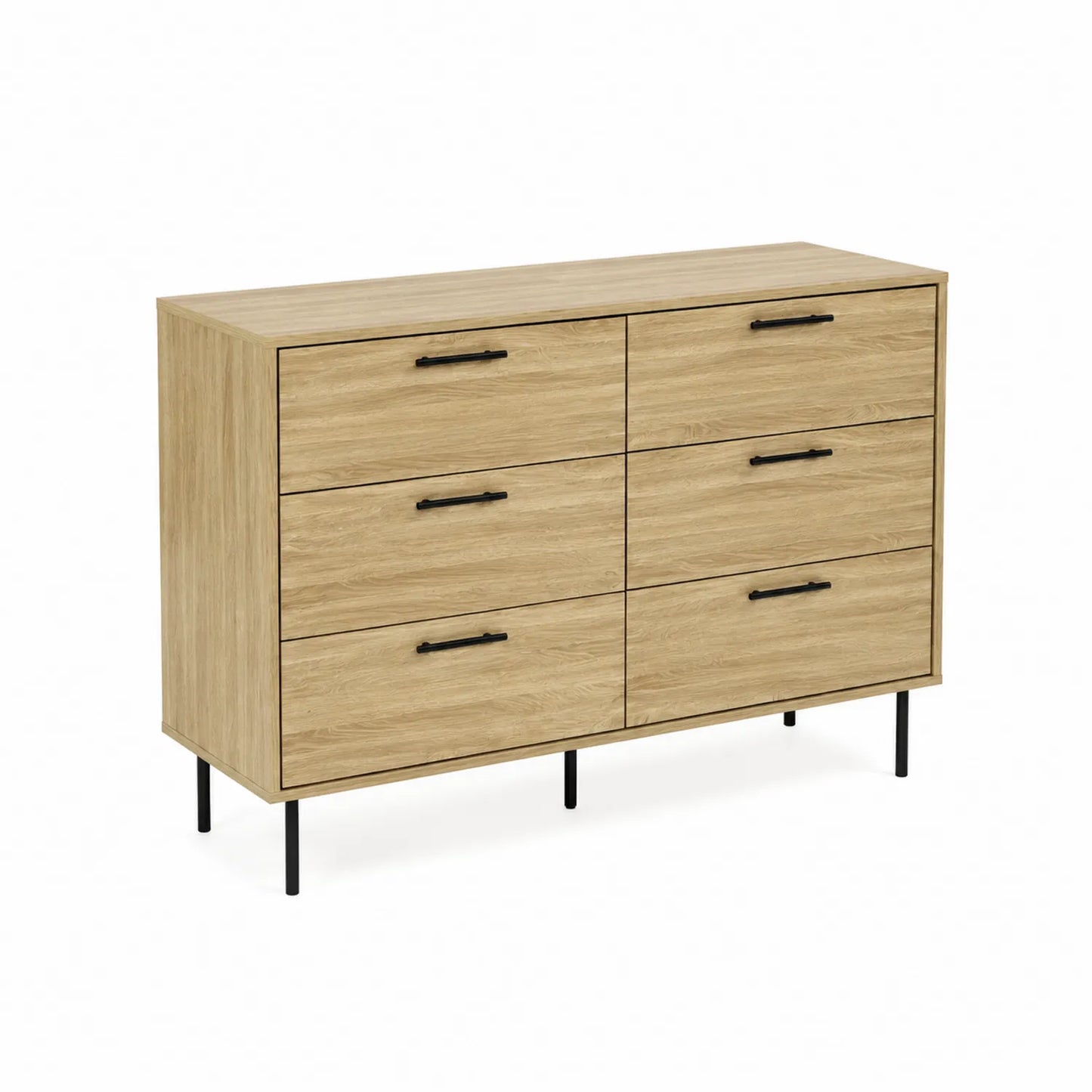 Cómoda de Madera Aglomerada con 6 Cajones y Patas Metálicas 130x40x80cm Roble Claro