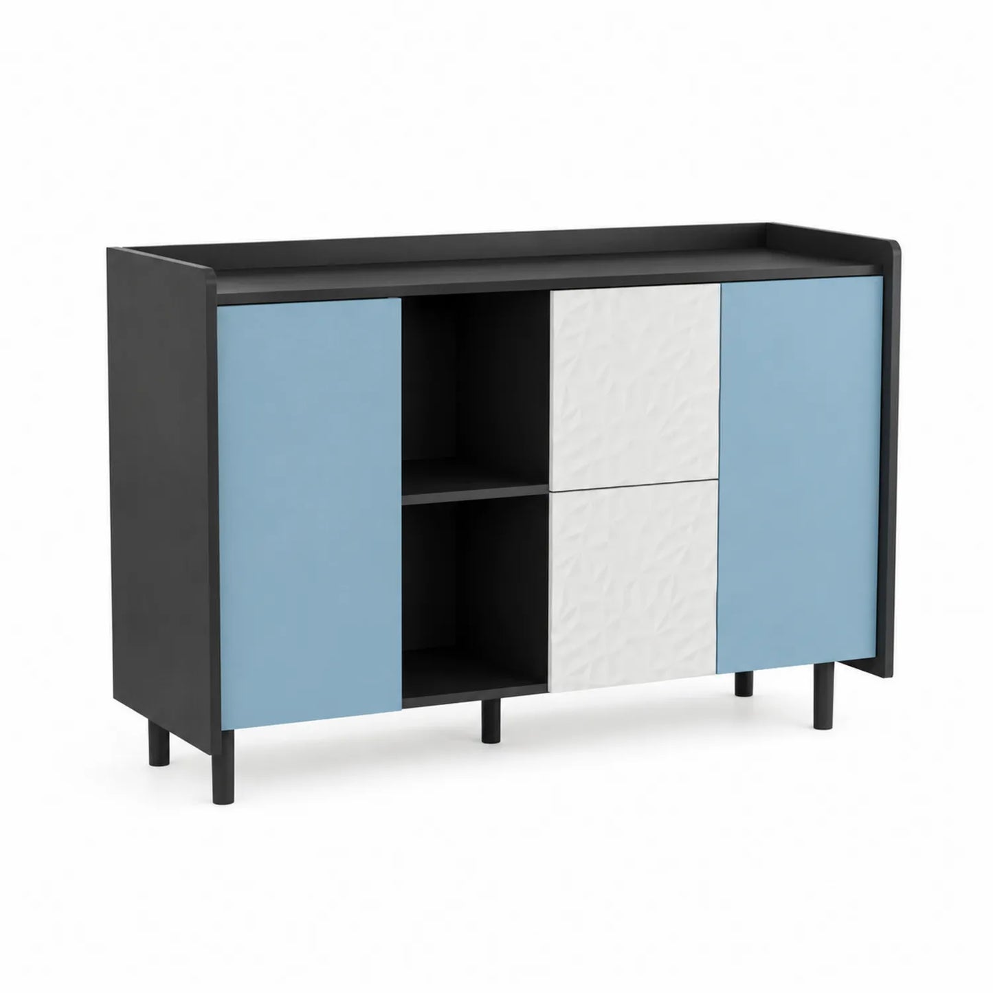 Aparador de madera y metal con puertas azul y blanco 120x40x80 cm