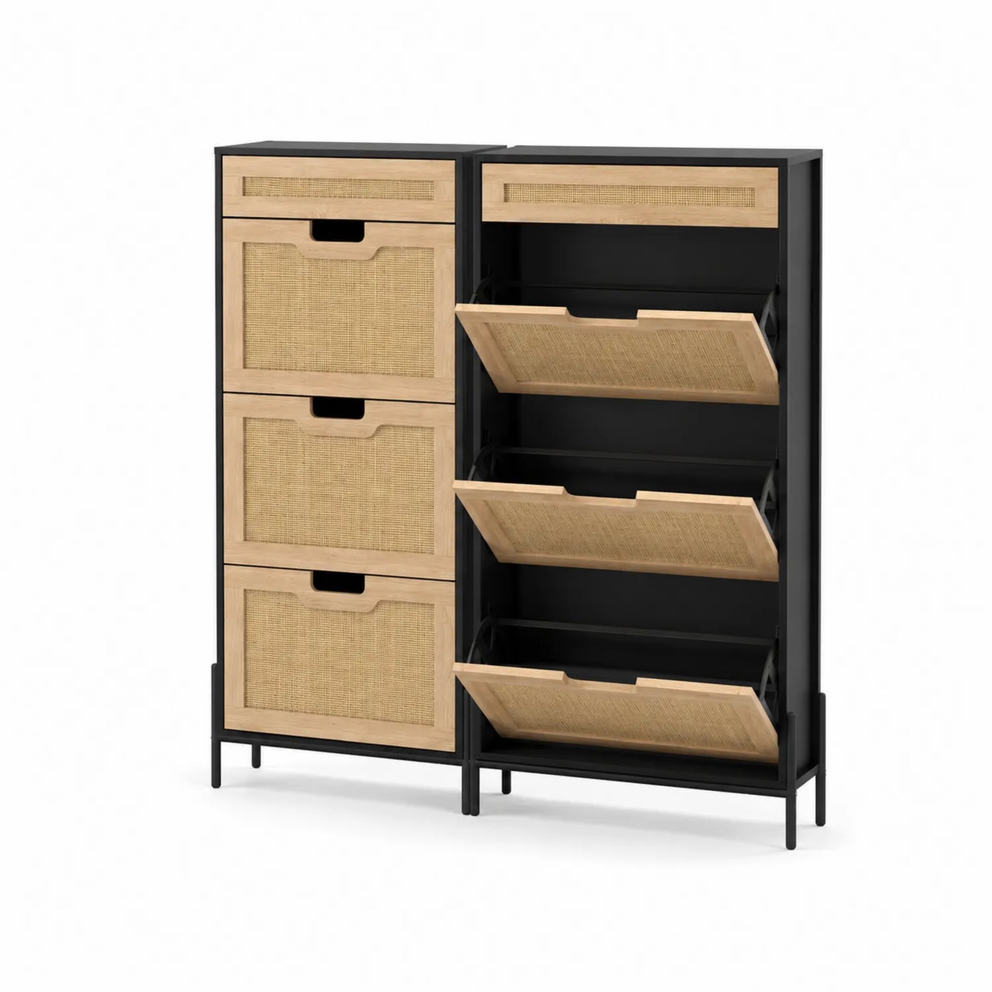 Zapatero de Metal con Cajones de Ratán y Estantes Abatibles 110 cm Negro/Madera