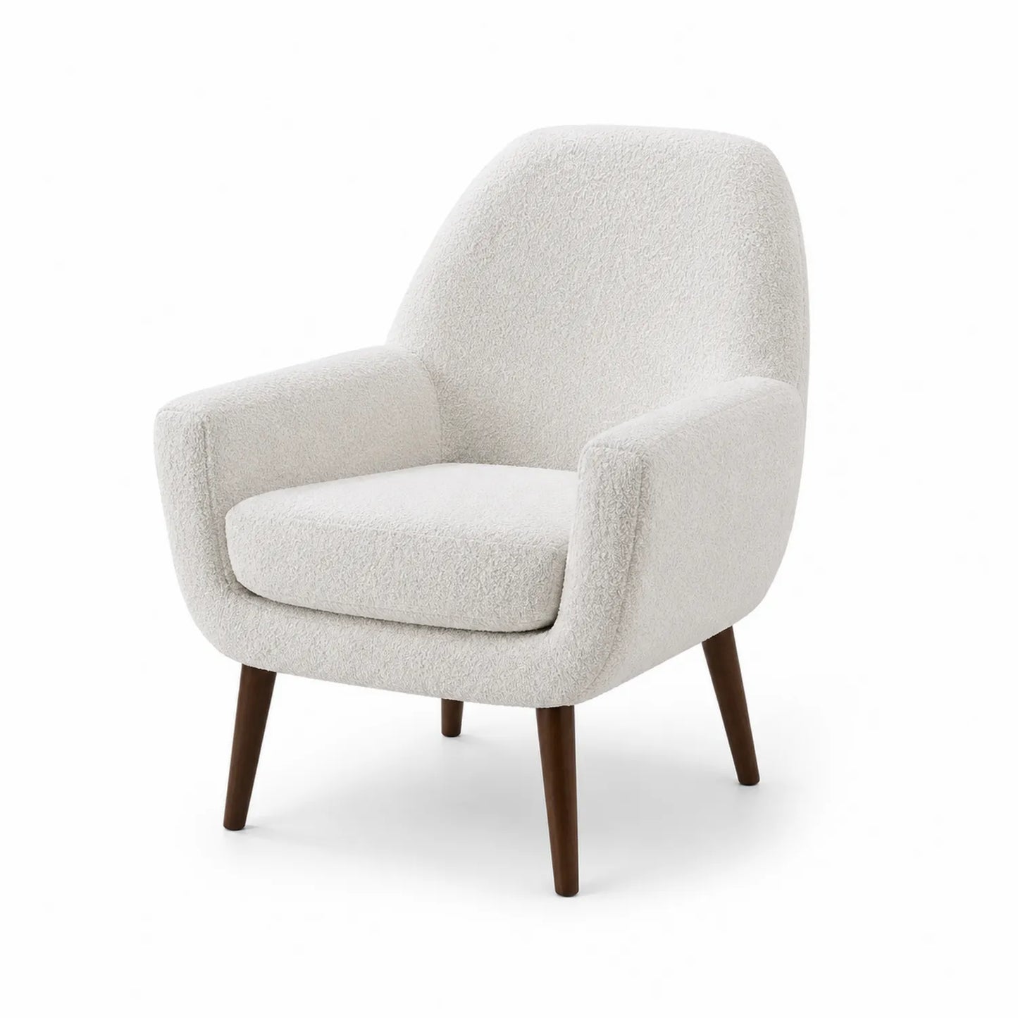 Sillón moderno de tela bouclé, estructura de madera, Blanco