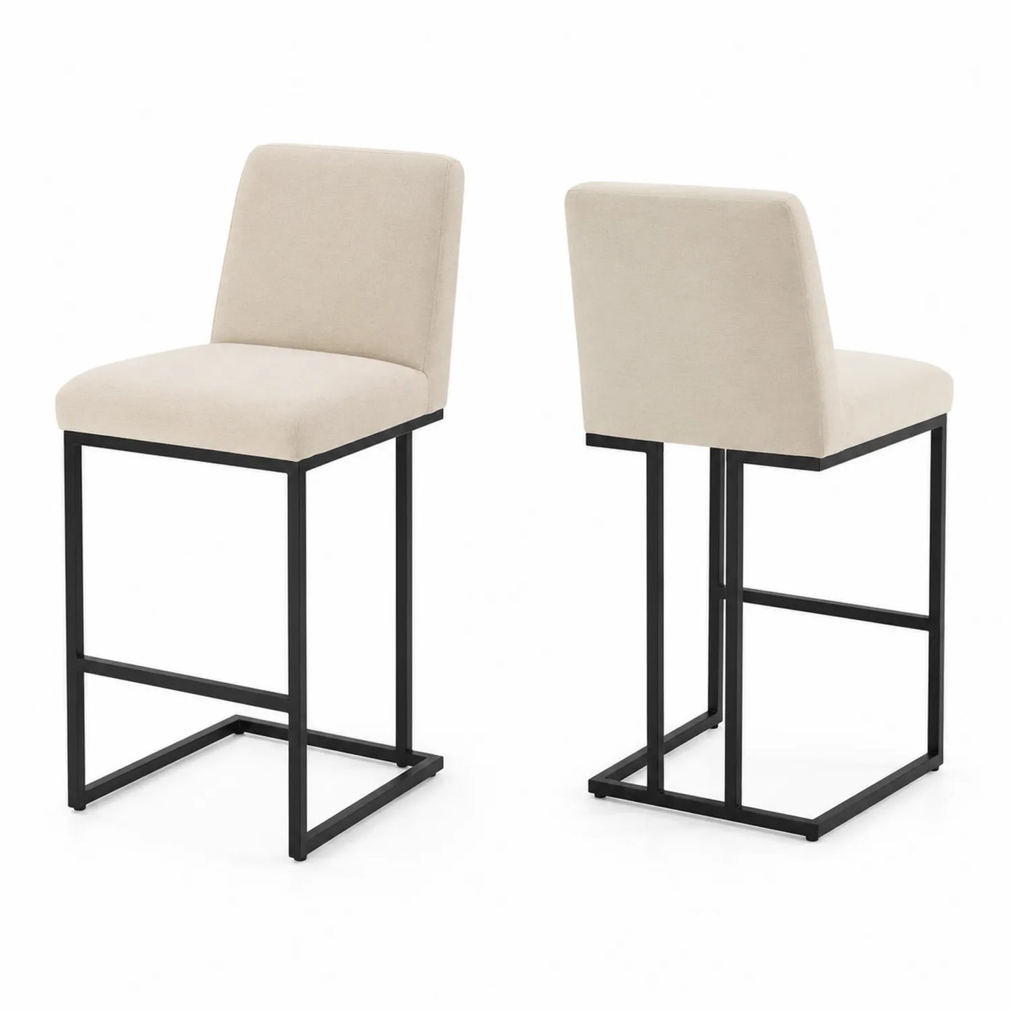 Juego de taburetes de bar con estructura metálica y asiento de tela cremosa