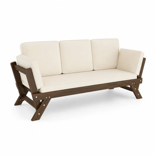 Sofá exterior de madera con cojines crema 180x75x70 cm
