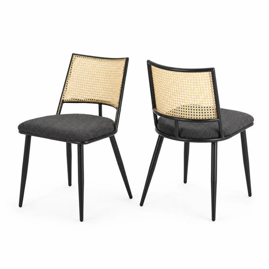 Sillas de Comedor con Respaldo de Ratán y Asiento de Tela Negra