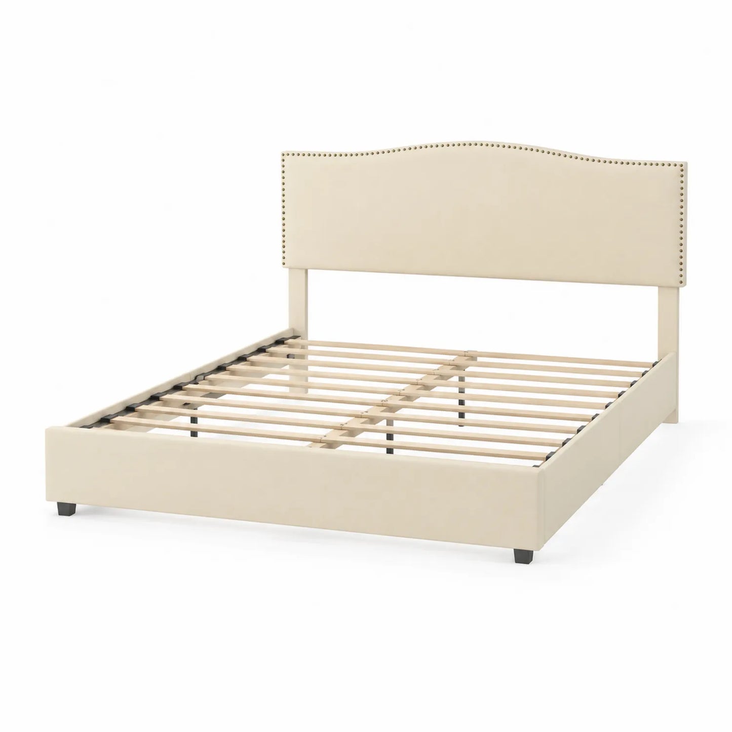 Cama tapizada con cabecero de poliéster beige 200x160 cm