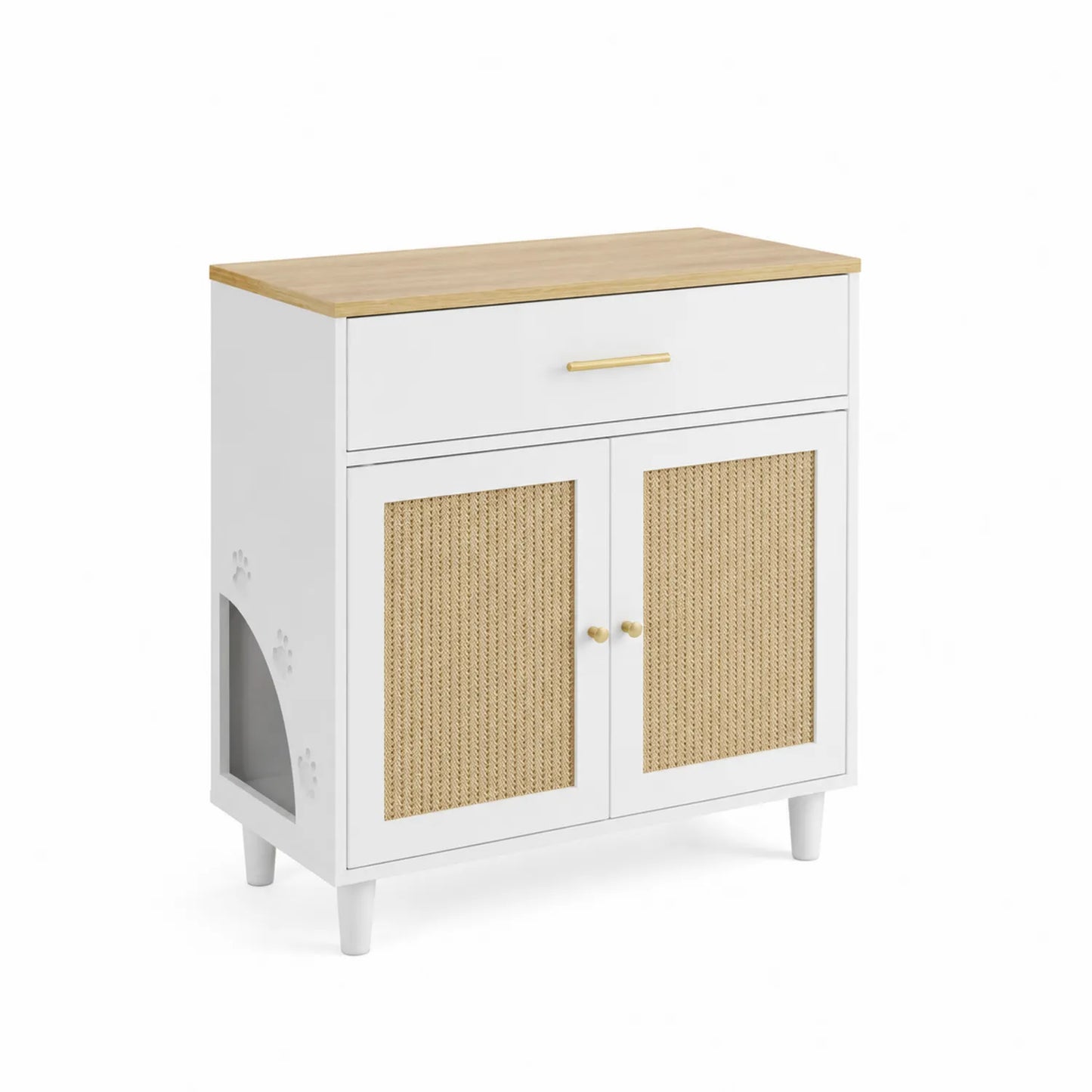 Aparador de MDF blanco con mimbre y detalle para mascota